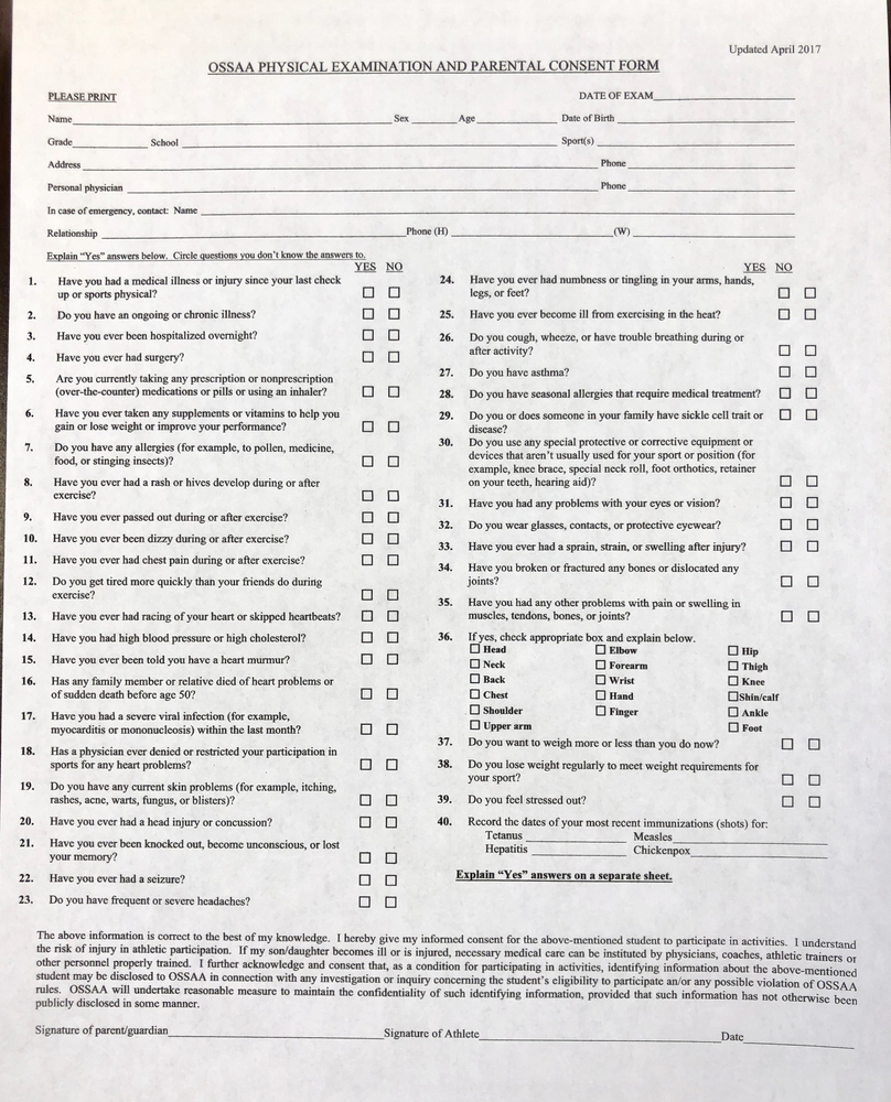 Sports physical and concussion acknowledgement forms.