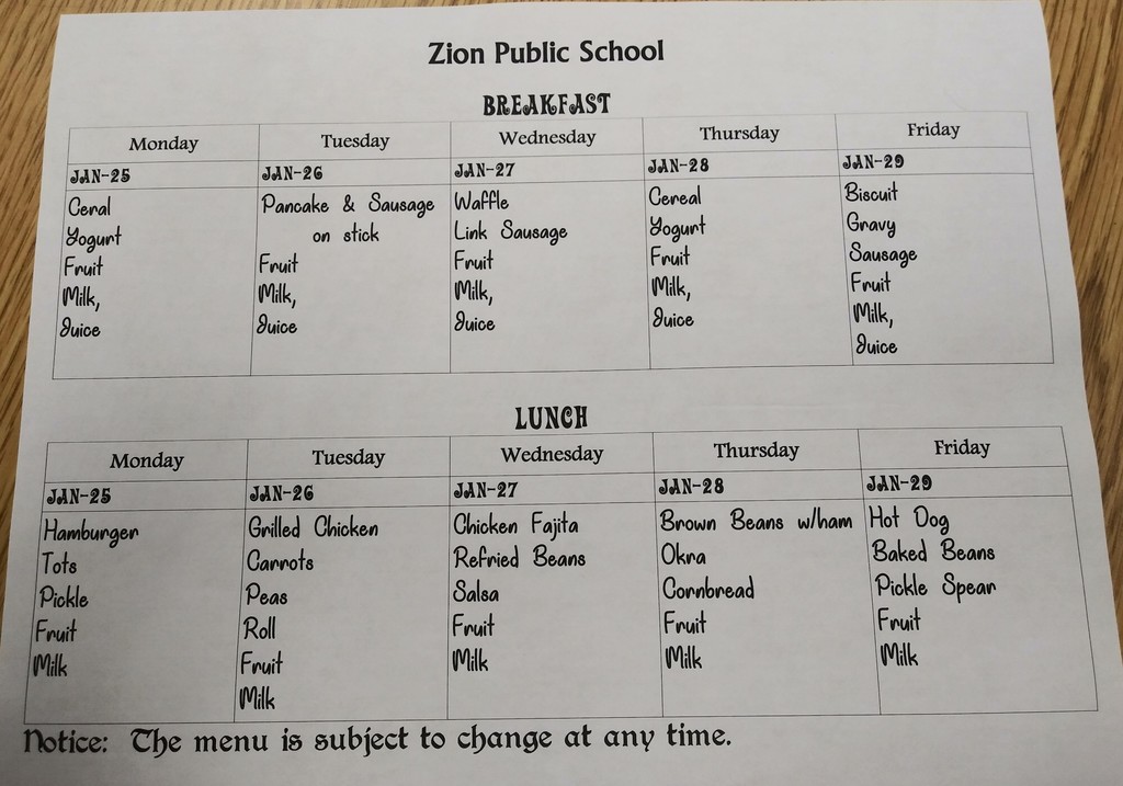 Menu for Jan 25-29
